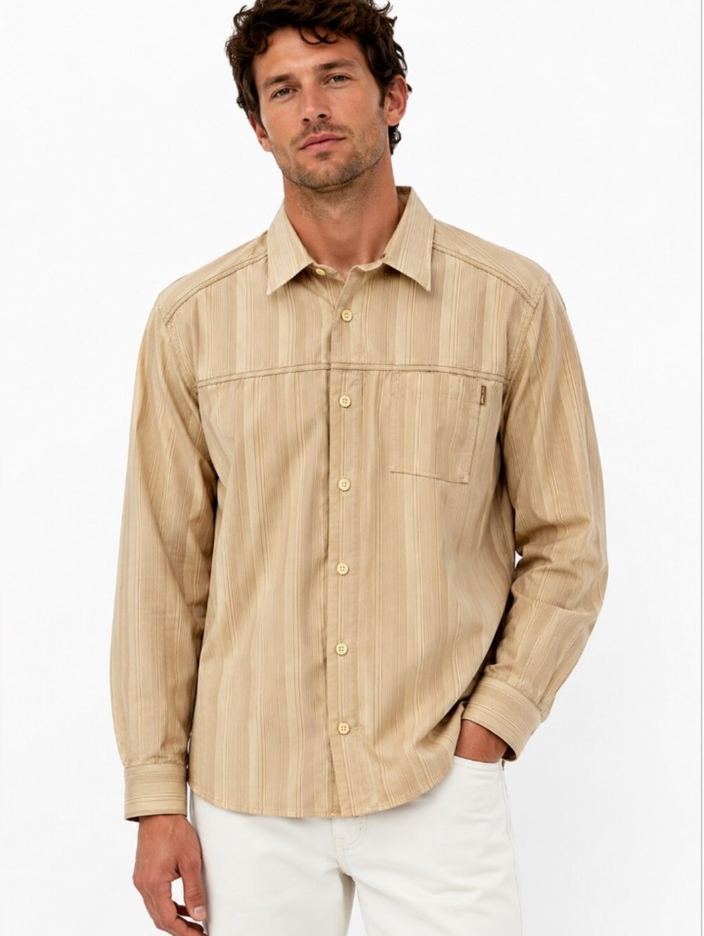Relax Western Cotton Silk Stripe Casual Shirt Beige Medium Cream Light Purple